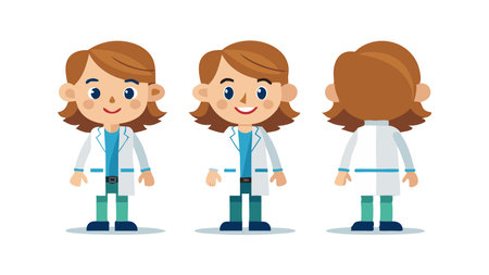 Bright cartoon character illustration of a female doctor in various poses, showing front, side, and back views.のイラスト素材