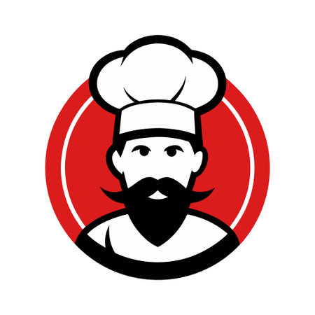 Stylized black and white chef logo featuring a bearded chef with a hat, set against a red circle background.のイラスト素材