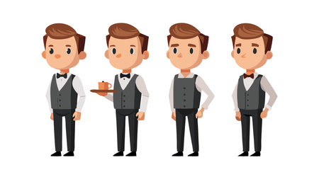 Set of cartoon waiters in uniform showcasing different poses, including one holding a tray with coffee, ideal for restaurant and hospitality themes.のイラスト素材
