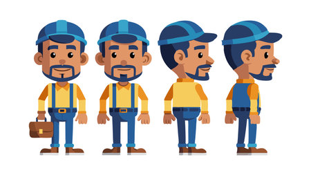 Cartoon animation character of a worker shown in various poses and angles. Includes four different views: front, side, and back.のイラスト素材