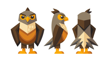 Colorful vector illustration of a cute cartoon owl character shown in front, side, and back views.のイラスト素材