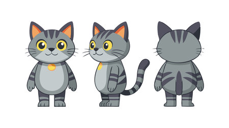 Illustration of a cartoon gray cat character showing front, side, and back views. Perfect for animation, design, and storytelling concepts.のイラスト素材