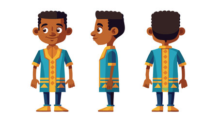 Detailed cartoon character illustration in traditional attire, displaying the front, side, and back views for design and animation purposes.のイラスト素材