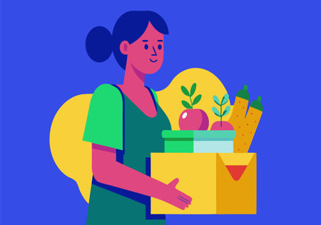 A woman is holding a box of vegetables. The box is yellow and has a green lid. The woman is smiling and she is happy. The vegetables in the box include apples, carrots, and celeryのイラスト素材