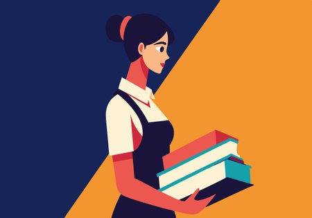 A woman is holding a stack of books. The books are of different sizes and colors. The woman is wearing a black dress and a black apron. The background is a yellow colorのイラスト素材