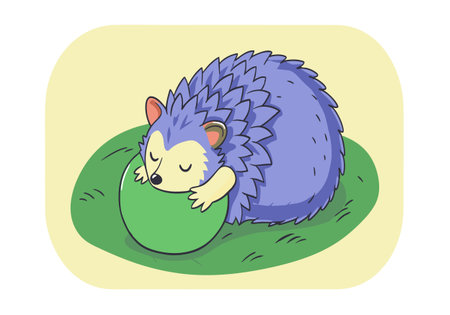 Adorable cartoon illustration of a purple hedgehog soundly sleeping on a green pillow, conveying a sense of calm and relaxation.のイラスト素材