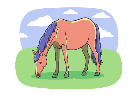 Illustration of a horse grazing on a green grassy field with a blue sky and clouds in the background.のイラスト素材