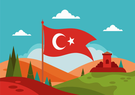 Illustration of the Turkish flag waving prominently in a colorful hillside landscape with a bright, cheerful sky.のイラスト素材