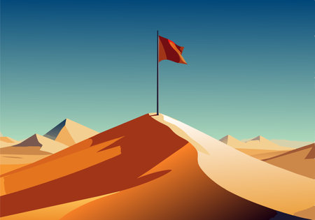 Vector illustration of a red flag standing on top of an orange desert dune with clear blue sky background.のイラスト素材