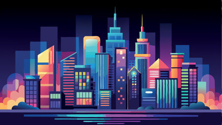 A city skyline with buildings in neon colors. The city is lit up at night, giving it a vibrant and lively atmosphereのイラスト素材