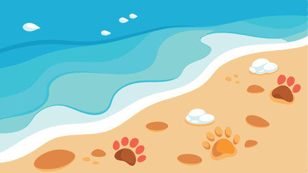 A beach scene with a dog's paw prints in the sand. The image has a light and playful mood, with the paw prints adding a sense of whimsy to the sceneのイラスト素材
