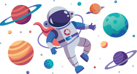 A cartoon astronaut is floating in space with a red star on his helmet. The scene is colorful and playful, with a sense of adventure and explorationのイラスト素材
