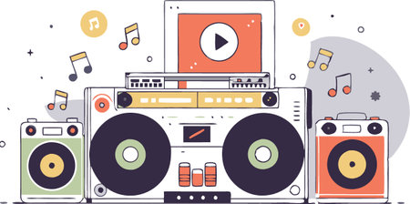 A cartoon drawing of a boombox with a video playing on it. The boombox is surrounded by other boomboxes and speakers, and there are several musical notes scattered around the scene.のイラスト素材