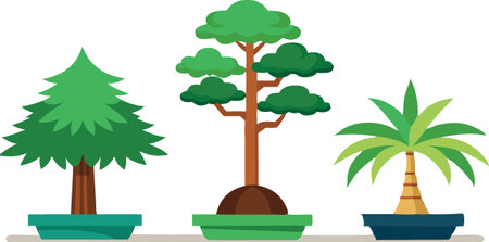 Three trees are shown in a row, with the tallest one being a palm tree. The other two trees are smaller and are placed in pots. The image has a calm and peaceful moodのイラスト素材