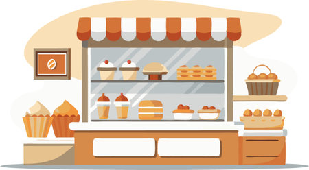 A bakery with a large window display of pastries and cakes. The window is decorated with a sign that says "coffee" and a picture of a coffee cup. The bakery has a cozy and inviting atmosphereのイラスト素材