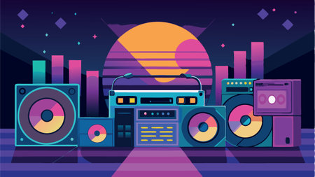 A colorful poster of a futuristic scene with a large orange sun in the background. The poster features a variety of electronic equipment, including a boombox, a CD player, and a record playerのイラスト素材