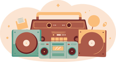 A cartoon of a radio, CD player, and cassette playerのイラスト素材