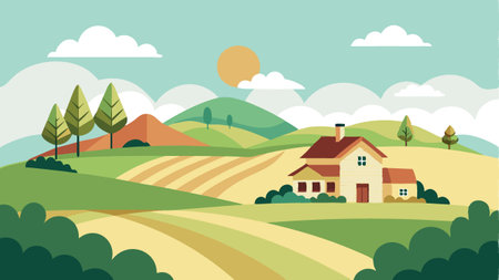 A rural landscape with a house and a barn. The sky is blue and there are trees in the backgroundのイラスト素材