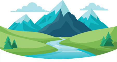 A mountain range with a river running through it. The mountains are blue and the river is blue. The scene is peaceful and sereneのイラスト素材