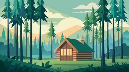 A cabin is nestled in a forest with a lake in the background. The cabin is surrounded by trees and has a cozy, rustic feel. Concept of peace and tranquilityのイラスト素材