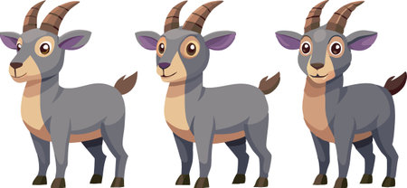 Three cartoon goats with horns on their heads. The goats are all different sizes and are standing in a rowのイラスト素材