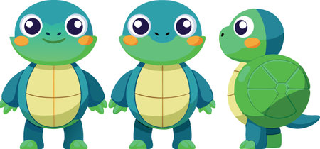 Three turtle characters are shown in different poses. The first turtle is standing with its head up and looking at the camera, while the second turtle is sitting down. The turtles are all greenのイラスト素材