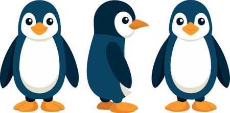Three penguins are shown in different poses, with one standing upright and the other two sitting. The penguins are all wearing blue and white, and they all have black beaksのイラスト素材