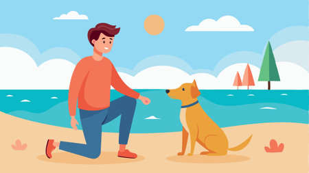 A man is kneeling down to pet a dog on a beach. The dog is sitting on the sand and looking up at the man. The scene is peaceful and relaxing, with the ocean in the backgroundのイラスト素材