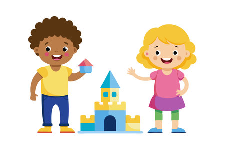 Illustration of happy children playing and building a toy castle together. Two kids enjoying creative fun activities with colorful building blocks.のイラスト素材