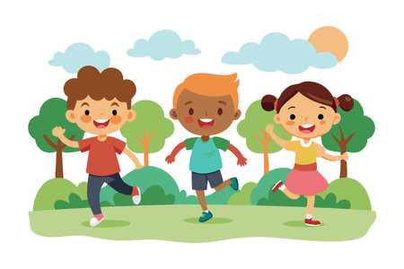 Three cheerful children enjoying a sunny day playing and running in a green parkのイラスト素材