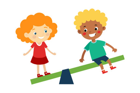 Cheerful cartoon illustration of two happy children playing on a seesaw, enjoying their playtime and having fun.のイラスト素材