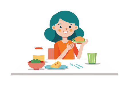 A girl is sitting at a table with a sandwich and a cup of coffee. She is smiling and she is enjoying her mealのイラスト素材