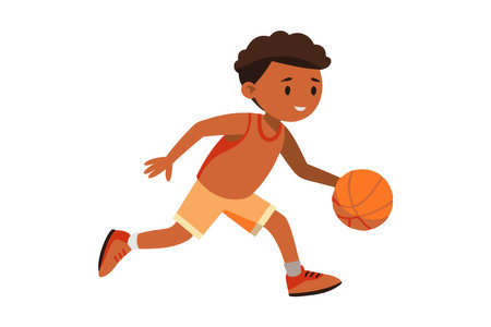 Illustration of a happy cartoon boy dribbling a basketball while wearing an orange outfit. Perfect for sports, children's activities, and educational content.のイラスト素材