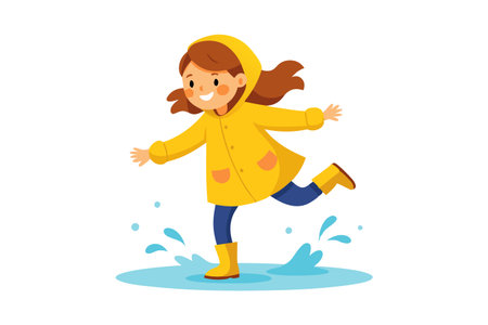 A girl in a yellow raincoat is running through a puddle of water. She is smiling and she is enjoying herselfのイラスト素材