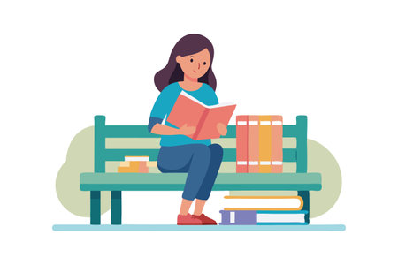 A woman is sitting on a bench reading a book. The bench is surrounded by several books, some of which are stacked on top of each other. Concept of relaxation and leisureのイラスト素材
