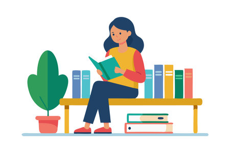 A woman is sitting on a bench reading a book. The bench is surrounded by a row of booksのイラスト素材