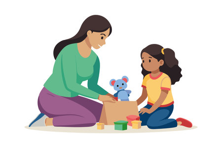A woman and a child are playing with a stuffed animal. Scene is happy and playfulのイラスト素材