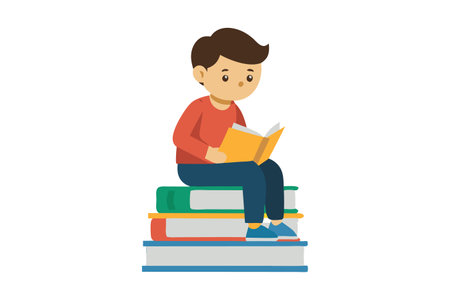 Colorful illustration of a young boy sitting on stack of books while reading a book. Ideal for education, learning, and childhood concepts.のイラスト素材