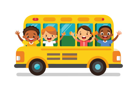 Illustration of happy children waving from a yellow school bus with a bright, cheerful background. Ideal for education and childhood themes.のイラスト素材