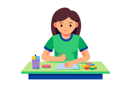 A girl is sitting at a desk and writing. She is smiling and seems to be enjoying herselfのイラスト素材
