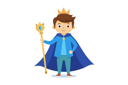 A young boy in a blue cape and crown holding a golden staff. The image has a playful and whimsical moodのイラスト素材