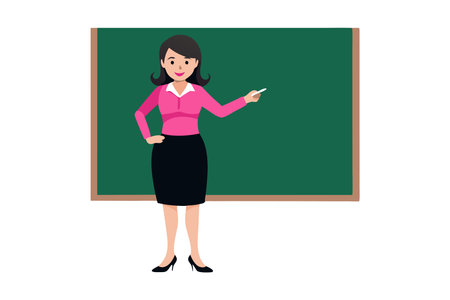 A woman in a pink shirt stands in front of a green chalkboard. She is holding a chalk and she is a teacherのイラスト素材