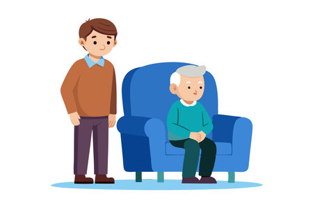 A man and a boy are sitting on a blue chairのイラスト素材