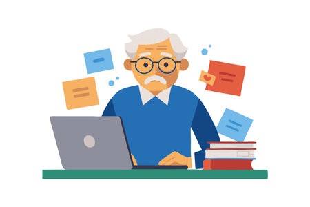 An older man is sitting at a desk with a laptop and a stack of books. He is working on something important, as he is surrounded by various papers and notes. Concept of focus and determinationのイラスト素材