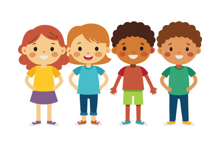 Four children are standing in a row, smiling and posing for a picture. The children are of different ages and races, but they all seem to be enjoying themselves. The scene is cheerful and lightheartedのイラスト素材
