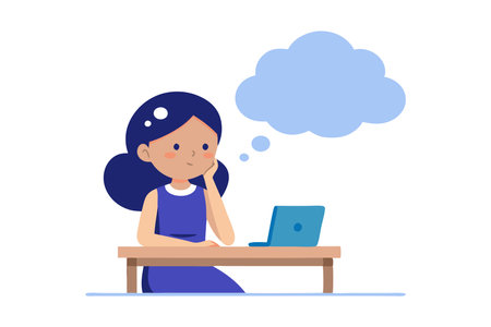A girl is sitting at a desk with a laptop in front of her. She is thinking and looking at the laptopのイラスト素材