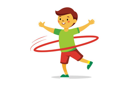 A boy is playing with a hula hoop. He is smiling and seems to be enjoying himselfのイラスト素材