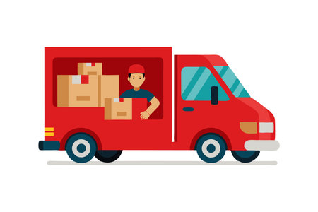 A man in a red shirt is driving a red truck with boxes on the back. The truck is parked on the side of the roadのイラスト素材