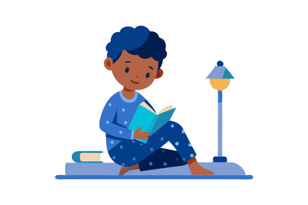 A boy is reading a book while sitting on the floor. The book is open to a page with a picture of a lampのイラスト素材