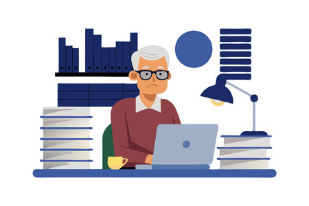 An older man is sitting at a desk with a laptop and a cup of coffee. He is working on something importantのイラスト素材